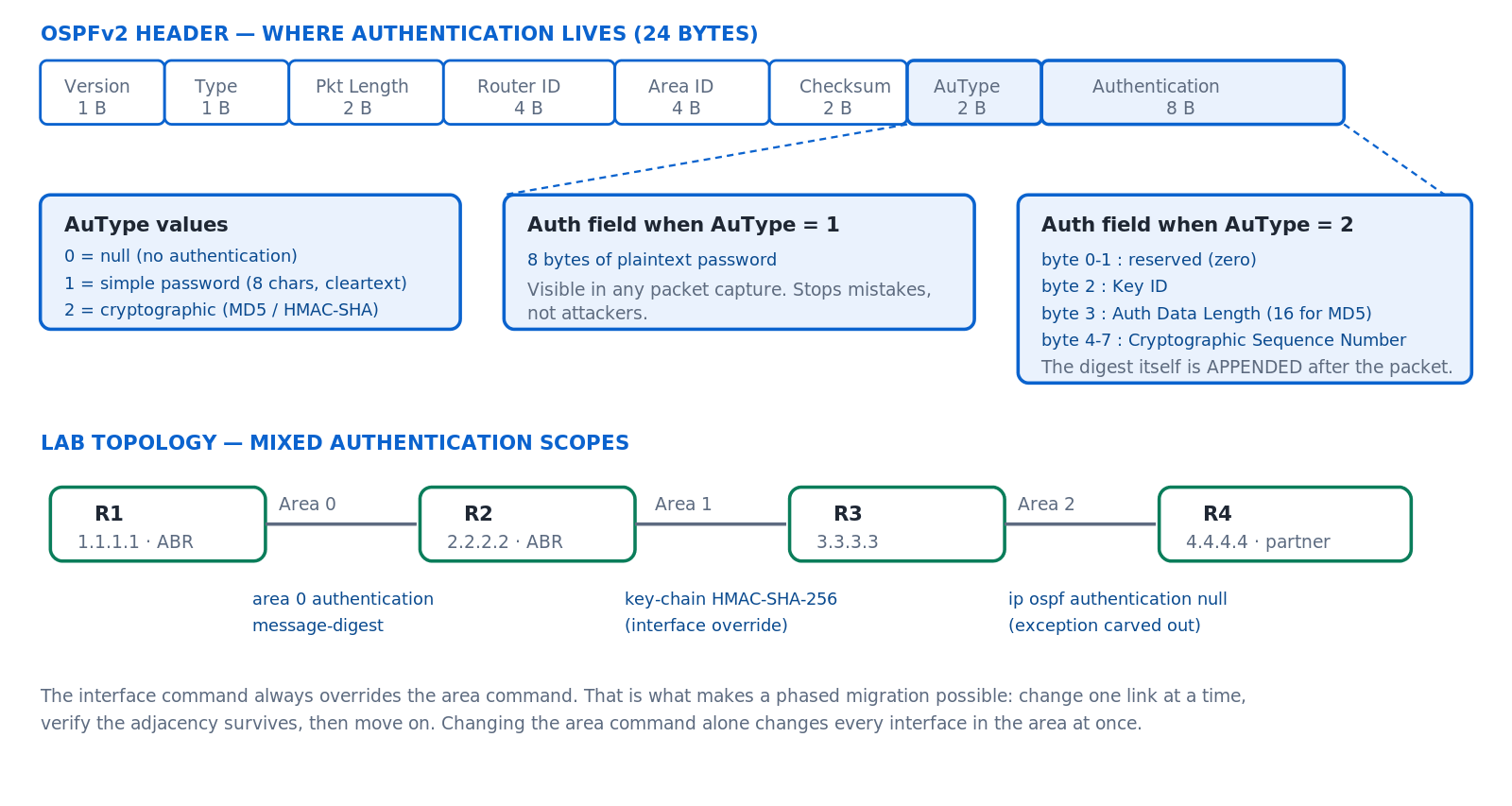 OSPF packet authentication fields and lab topology